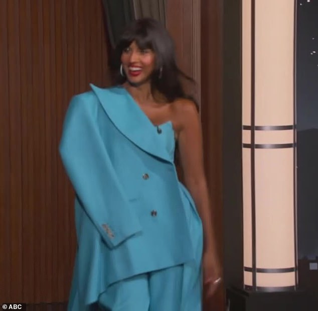 Blue-tiful: For her TV appearance, Jameela opted for another colour scheme, donning all-blue for her chat with guest host Nikki Glaser