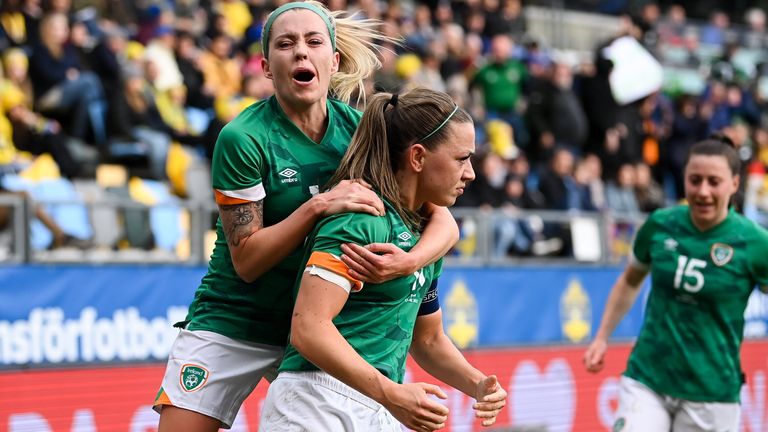 12 April 2022; Katie McCabe of Republic of Ireland celebrates with teammate Denise O&#39;Sullivan, left, after scoring their side&#39;s first goal during the FIFA Women&#39;s World Cup 2023 qualifying match between Sweden and Republic of Ireland at Gamla Ullevi in Gothenburg, Sweden. Photo by Stephen McCarthy/Sportsfile