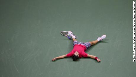 Dominic Thiem celebrates winning the 2020 US Open final against Alexander Zverev.