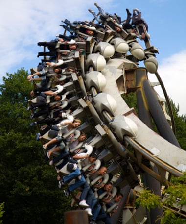 Riders inverted on the Nemesis ride at Alton Towers, UK