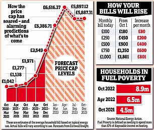 Energy bills are expected to peak at £6,616 between April and June next year before falling down to £5,900 by December - almost three times the current rate