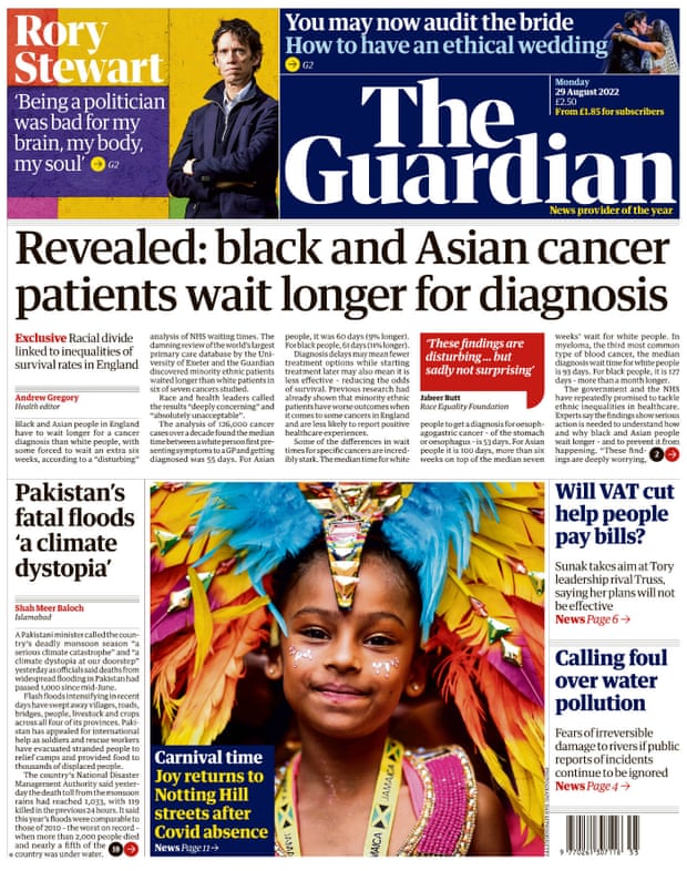 Guardian front page, 29 August 2022