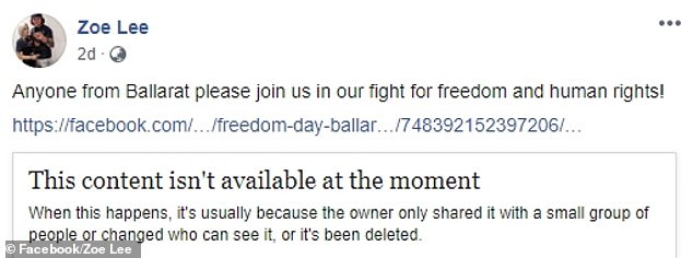 Ms Buhler's alleged offending post linked to a  'Freedom Day Ballarat' event she created