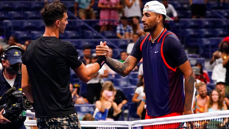 Nick Kyrgios and Thanasi Kokkinakis, had a friendly face-off in the first round of the US Open tennis championships. (AP Photo/Frank Franklin II)