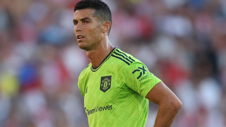 BRENTFORD, ENGLAND - AUGUST 13: Cristiano Ronaldo of Manchester United during the Premier League match between Brentford FC and Manchester United at Brentford Community Stadium on August 13, 2022 in Brentford, England. (Photo by Catherine Ivill/Getty Images)