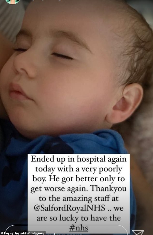 Little lad: Taking to Instagram, Hayley shared a photo of Jasper sleeping, telling fans: 'Ended up in hospital again today with a very poorly boy. He got better only to get worse again'