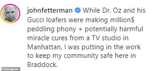 Fetterman poked fun at Oz's 'Gucci loafers' in the ad and in social media posts sharing it Tuesday