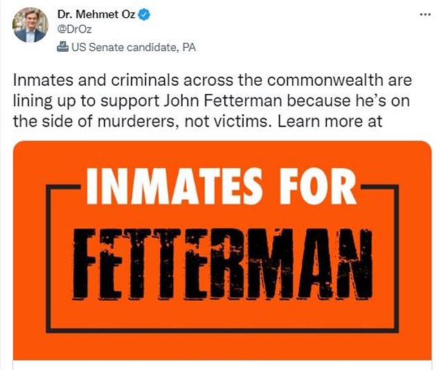 Oz launced a website entitled 'Inmates for Fetterman,' which highlighted the lieutenant governor talking about reducing the prison population by one-third, claiming it wouldn't make 'anyone less safe'