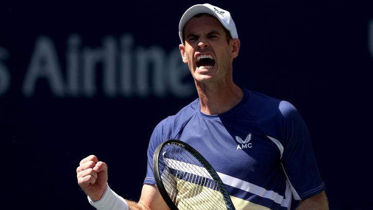 Andy Murray of Great Britain reacts after winning his match against Francisco Cerundolo of Argentina during the Men&#39;s Singles First Round on Day One of the 2022 US Open at USTA Billie Jean King National Tennis Center on August 29, 2022 in the Flushing neighborhood of the Queens borough of New York City. (Photo by Julian Finney/Getty