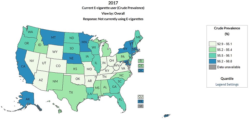 The above map shows e-cigarette use by state in 2017, from the Behavioral Risk Factor Surveillance System. This is the latest data available from the research