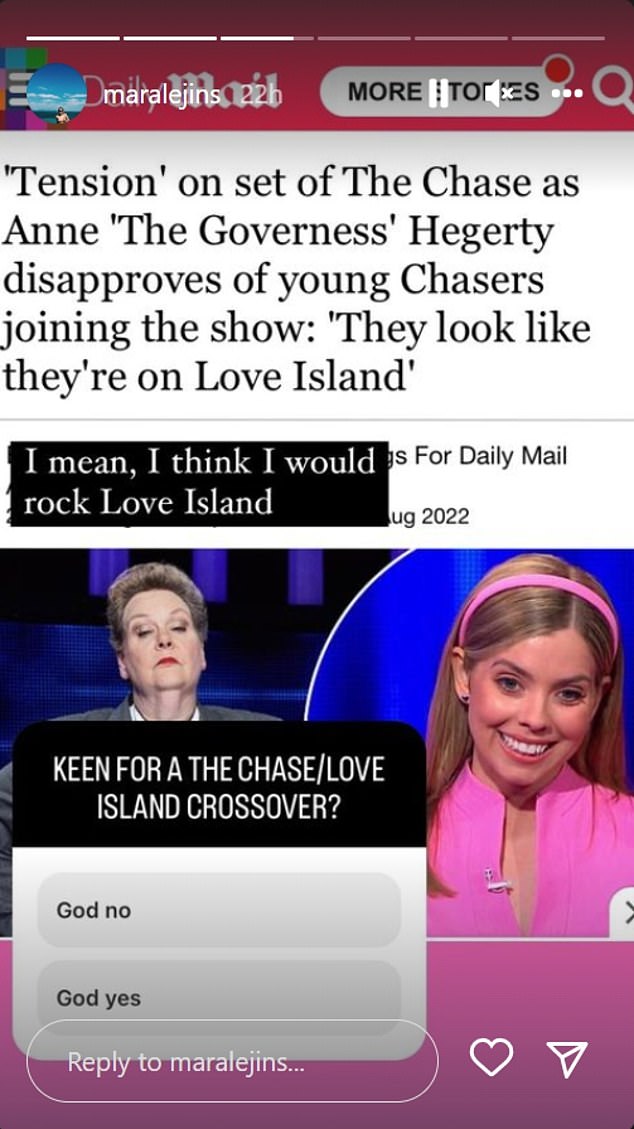 After Daily Mail Australia reported on the speculation, Lejins shared a screenshot of the article on Instagram and downplayed the rift. Referencing how Hegerty had compared the new recruits to Love Island contestants, she wrote: 'I mean, I think I would rock Love Island'