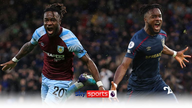 Maxwel Cornet of Burnley celebrates after scoring goals against Everton and Leeds United