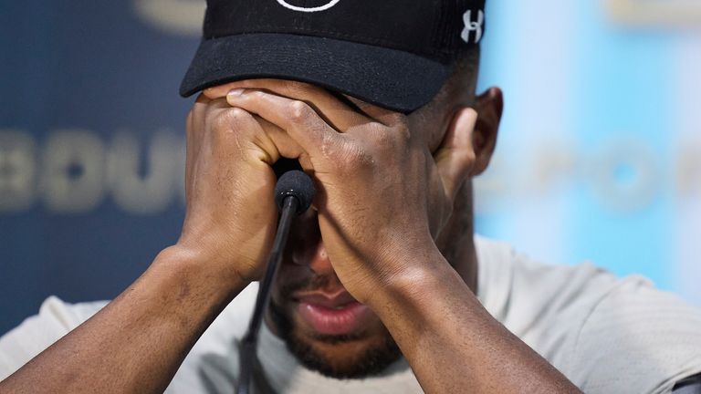 Emotions overwhelm Joshua at his post-fight press conference. (Photo: Mark Robinson/Matchroom)