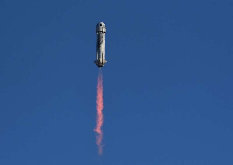 A Blue Origin New Shepard rocket launches from Launch Site One in West Texas north of Van Horn