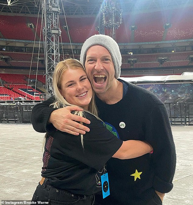 It comes after Brooke was given a backstage pass to hang out with Coldplay after seeing them perform at London's Wembley Stadium on Monday. She was thrilled to be invited backstage by frontman Chris Martin, 45, (right) who was a friend of Shane