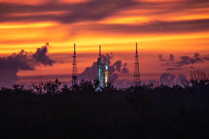 Artemis I at LC 39B Golden Sunrise