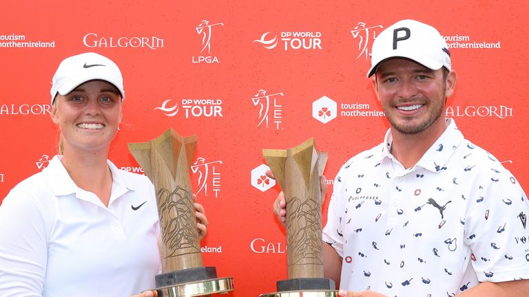 Maja Stark and Ewen Ferguson celebrate their wins in the 2022 ISPS Handa World Invitational