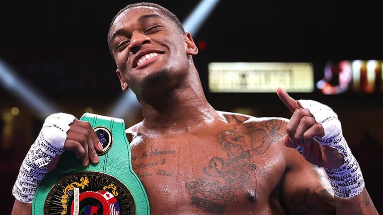 LAS VEGAS, NEVADA - OCTOBER 09: Jared Anderson is victorious as he defeats Vladimir Tereshkin at T-Mobile Arena on October 09, 2021 in Las Vegas, Nevada. (Photo by Mikey Williams/Top Rank Inc via Getty Images)