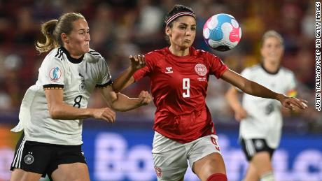 Nadim controls the ball against Germany during Denmark&#39;s Euro 2022 group game last month.  