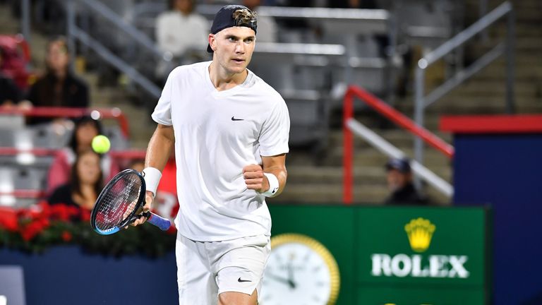 Jack Draper of Great Britain reacts after winning a point against Stefanos Tsitsipas of Greece during Day 5 of the National Bank Open at Stade IGA on August 10, 2022 in Montreal, Canada. (Photo by Minas Panagiotakis/Getty Images)