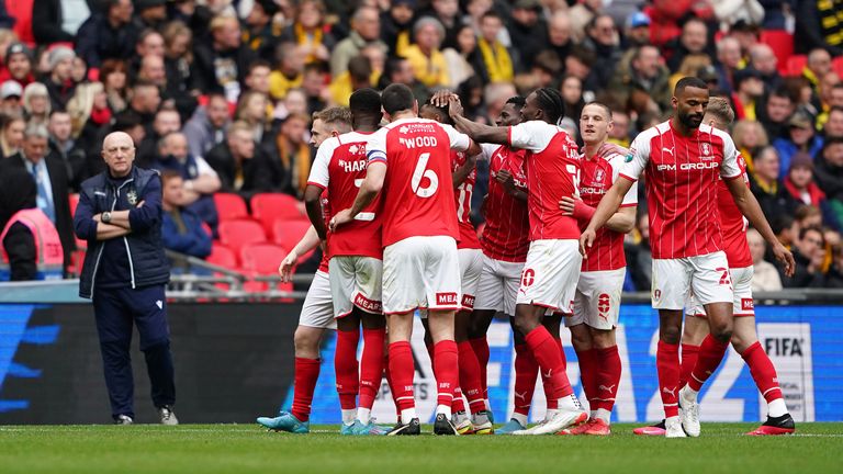 Rotherham celebrate after Chiedozie Ogbene&#39;s goal puts them ahead in extra-time against Sutton in the Papa John&#39;s Trophy final