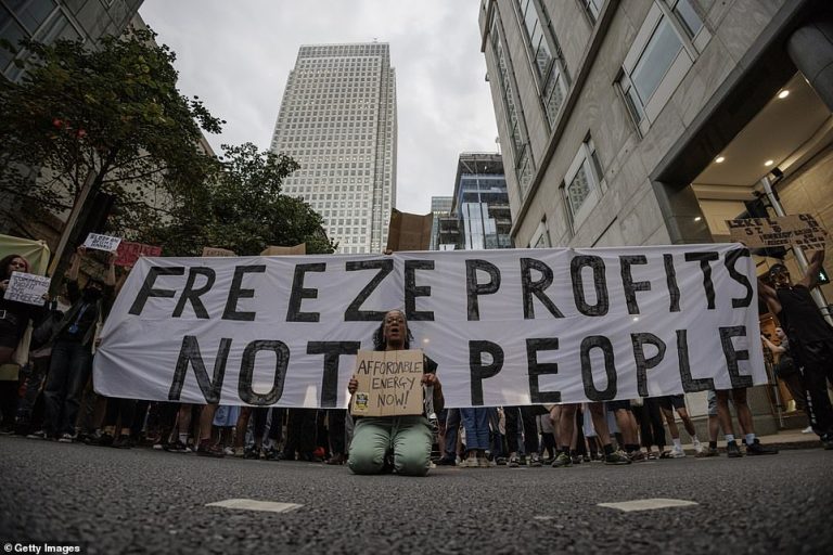 Protesters outside Ofgem HQ in Canary Wharf chant amid mounting public anger at energy price cap