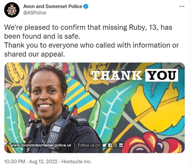 Avon and Somerset Police, who had expressed their growing concern for Ruby's welfare, were pleased to announce that she has been found safe