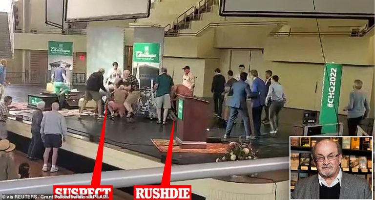 Shocking video seconds after Salman Rushide was stabbed shows audience rush to help after attack