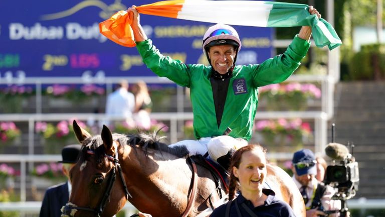 Neil Callan celebrates victory in the Shergar Cup on Adaay In Asia