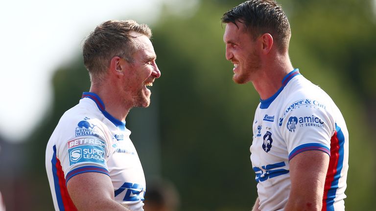 Wakefield pair Matty Ashurst and Lee Gaskell celebrate following last week's win over Wigan