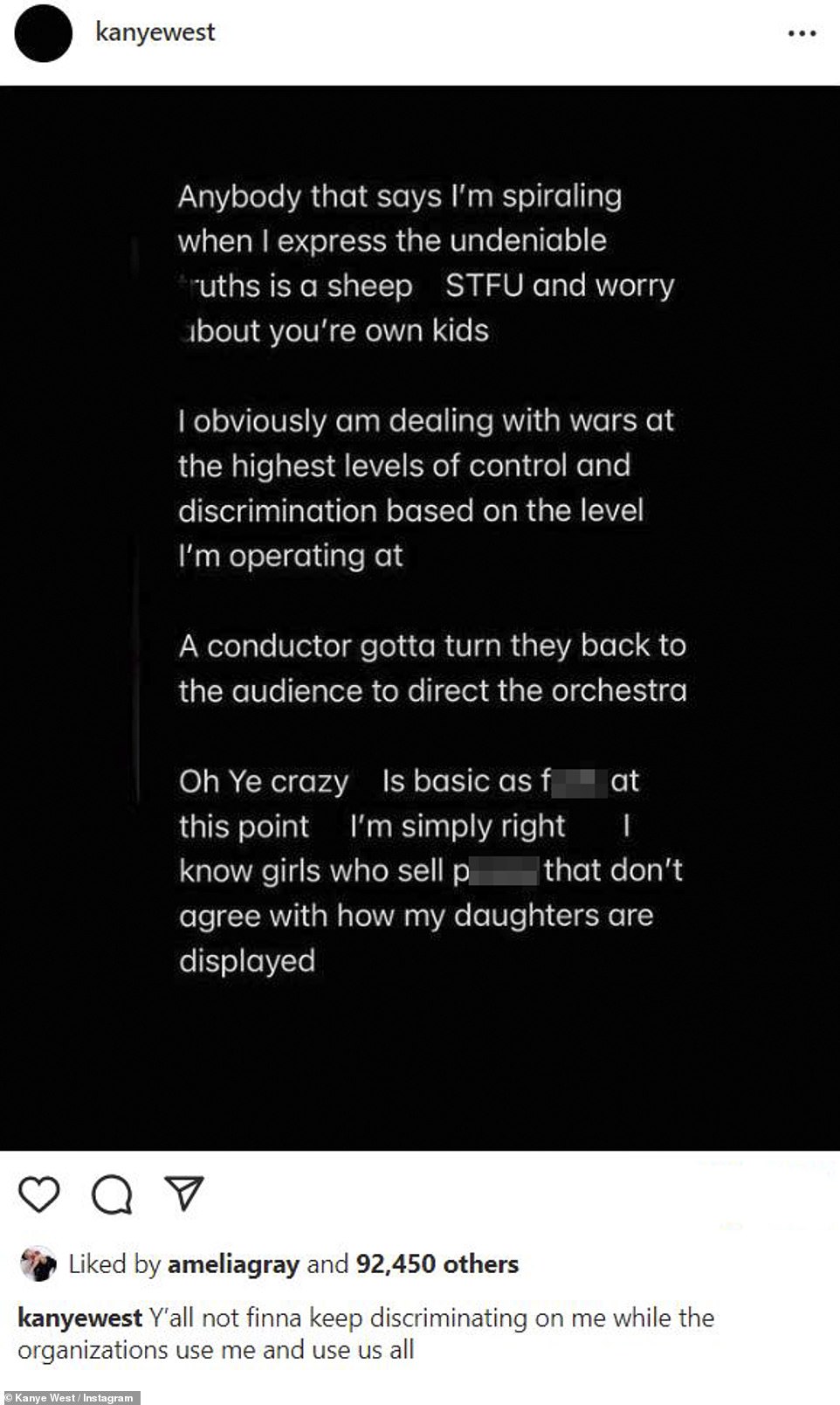 Not spiraling? Kanye, who has previously been open about living with bipolar disorder, was confrontational about his current mental state in a post from Thursday evening