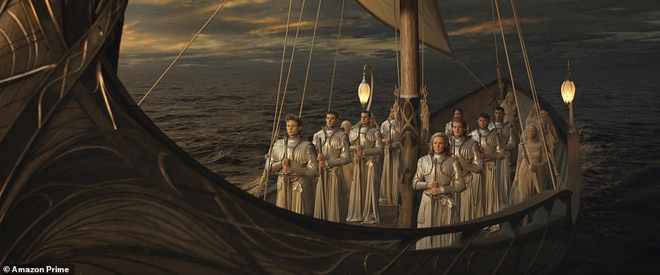 Ship: Galadriel is seen on a ship heading West with the rest of her company as Elrond is back home and says her search is beyond their sight