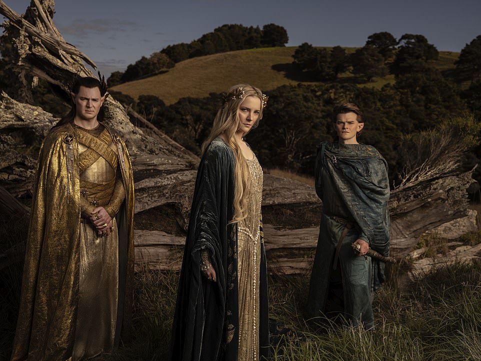 Graphics: There's no doubt we can see the budget. It casts a throbbing glow over the screen like a chestful of gold. Ultra-high definition computer graphics paint ivory cities in mountain passes and conjure gigantic monsters in palaces of dark magic [pictured L-R) Gil-galad (Benjamin Walker), Galadriel and Elrond (Robert Aramayo)]