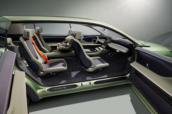 Roomy: The Skoda has a minimalistic, leather-free interior and a floor and boot made from scratch-resistant and easy-to-clean recycled tyre veneer