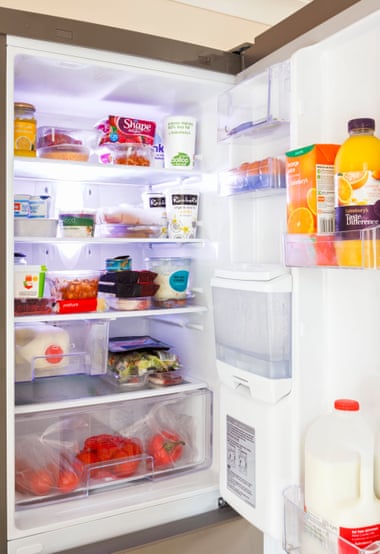 Inside a fridge with the door open