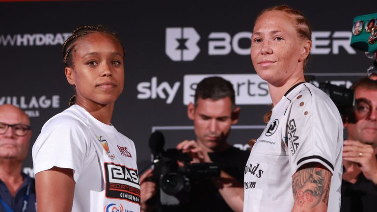 BEN SHALOM...S BOXXER FIGHT NIGHT LIVERPOOL .WEIGH IN 02/09/2022.PIC LAWRENCE LUSTIG.WBC/WBO WORLD SUPER-WELTERWEIGHT CHAMPIONSHIP.NATASHA JONAS V PATRICIA BERGHULT