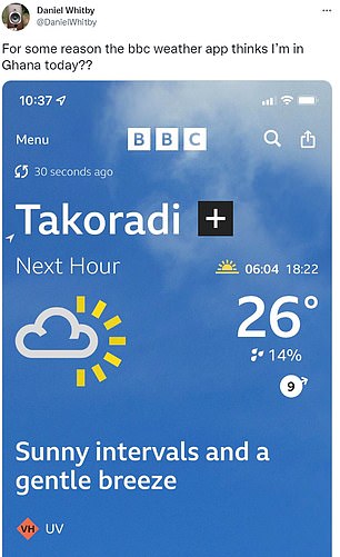 One Twitter user said: 'For some reason the BBC weather app thinks I'm in Ghana today?'