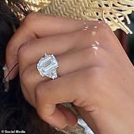 Rock: After getting engaged to former fiancé Ben Simmons, Maya is usually seen sporting a massive engagement rock on her ring finger (pictured left), but only sported a gold ring on Sunday