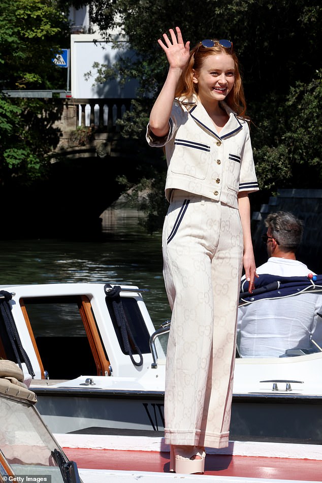 Out and about: The actress,20, looked incredibly chic in a Gucci nautical-inspired shirt and trouser set as she made her way to the Hotel Excelsior