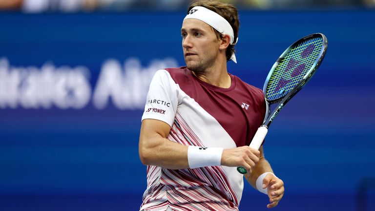 Casper Ruud during a men&#39;s singles semifinal match at the 2022 US Open, Friday, Sep. 9, 2022 in Flushing, NY. (Simon Bruty/USTA via AP)