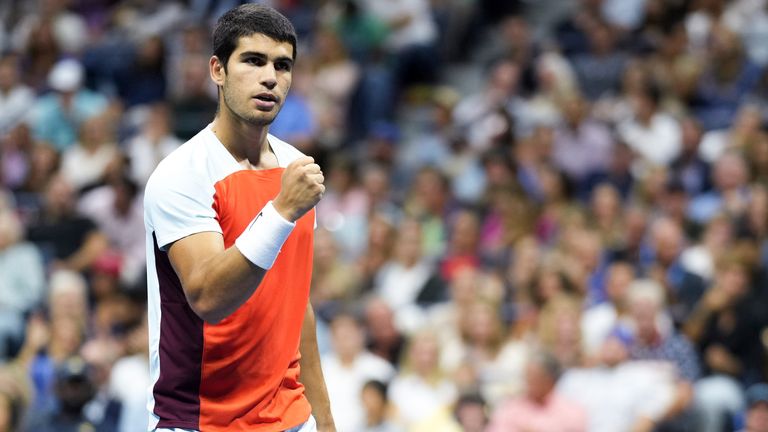 Carlos Alcaraz reacts during a men&#39;s singles semifinal match at the 2022 US Open, Friday, Sep. 9, 2022 in Flushing, NY. (Darren Carroll/USTA via AP)