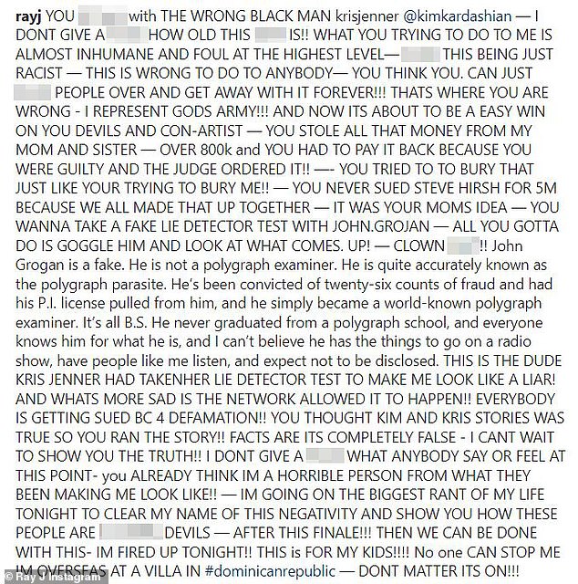 Detailed caption: Ray J wrote out a long rant attached to his clip, stating that it is the 'biggest rant of my life to clear my name...'