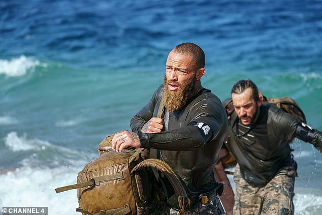 Pushed to the limits: Fellow reality star Ashley Cain (front) also took part in the task and was seen emerging from the water with Pete