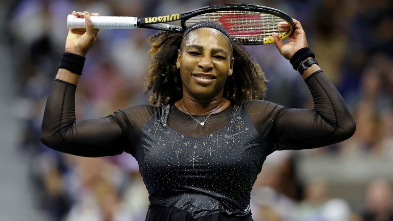 Serena Williams reacts during a women&#39;s singles match at the 2022 US Open, Friday, Sep. 2, 2022 in Flushing, NY. (Simon Bruty/USTA via AP)