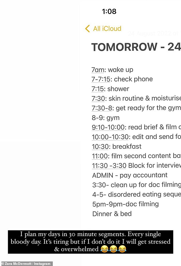 Plan: Last month, the self-proclaimed 'workaholic' gave fans an insight into her very regimented day, broken down into 30 minute segments