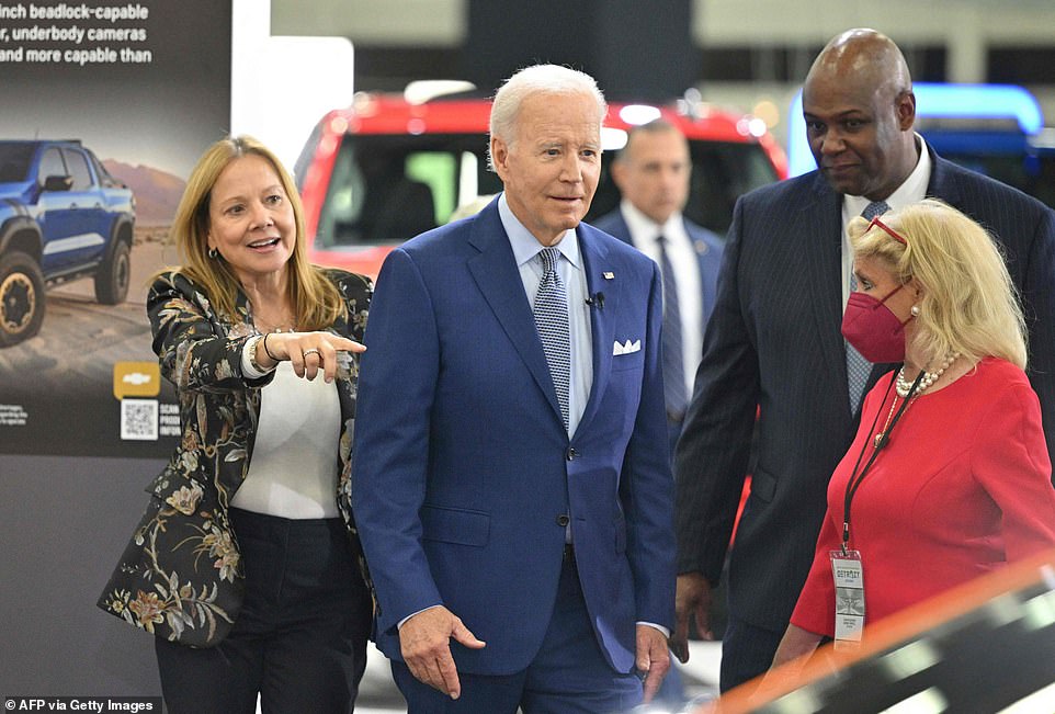 Biden with Mary Barra (L), CEO of General Motors, at the 2022 North American International Auto Show at Huntington Place Convention Center in Detroit, Michigan on September 14, 2022