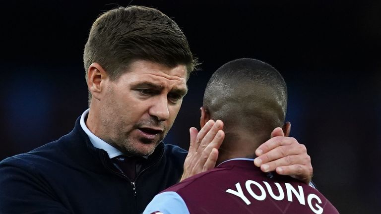 Aston Villa manager Steven Gerrard (left) and Ashley Young after the Premier League match at Villa Park, Birmingham. Picture date: Saturday September 3, 2022.