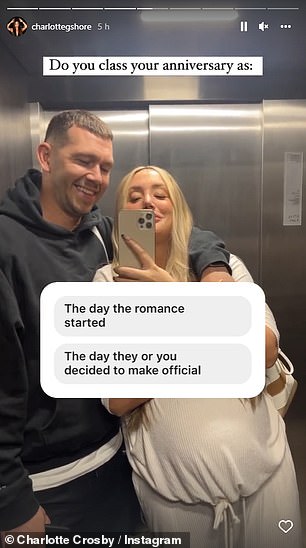 Confused: Taking to her stories, Charlotte asked her 9.1M fans for some advice as she and Jake struggled to come to a conclusion on the exact date of their anniversary