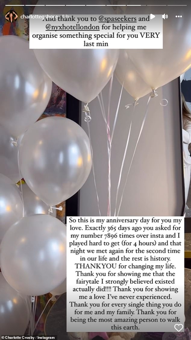 Sweet: She also shared a snap of their romantic anniversary setup, complete with balloons and rose petals