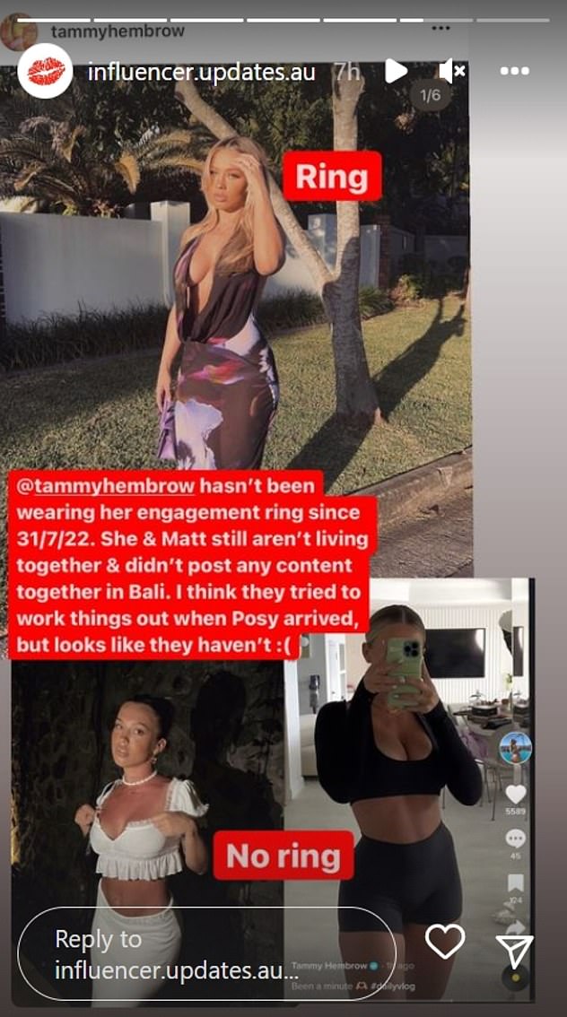 Rumours of a split were sparked after an Instagram account noticed Tammy, 28, has been wearing her engagement ring intermittently and hasn't shared a photo with the Ironman, 33, since August